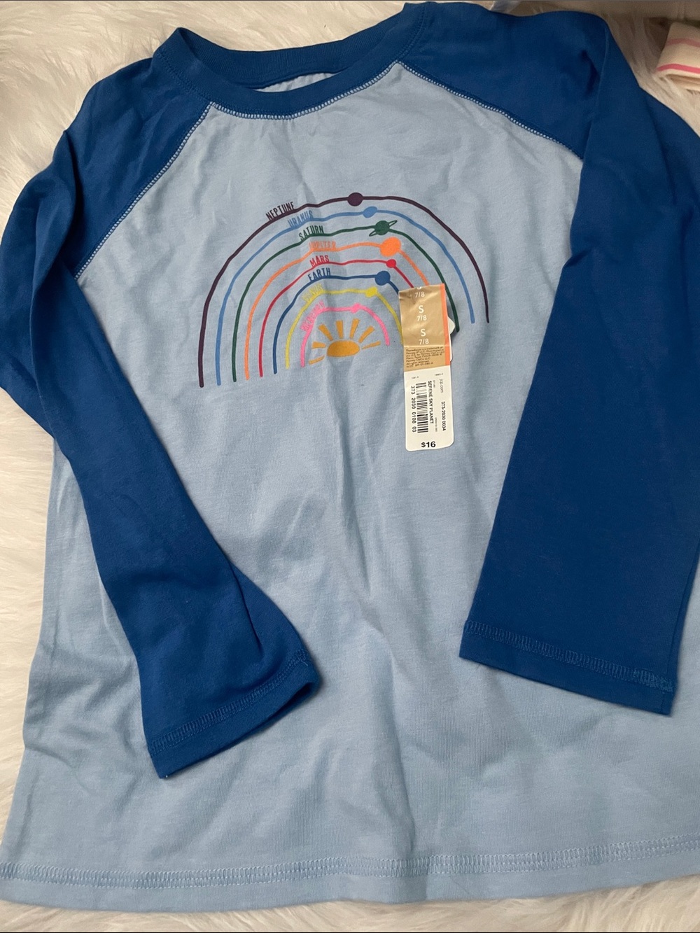Light Blue and Royal Blue Raglan Long-Sleeve Tee with Rainbow Sun Graphic